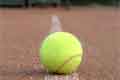 Теннисный мяч на линии разметки на грунтовом корте